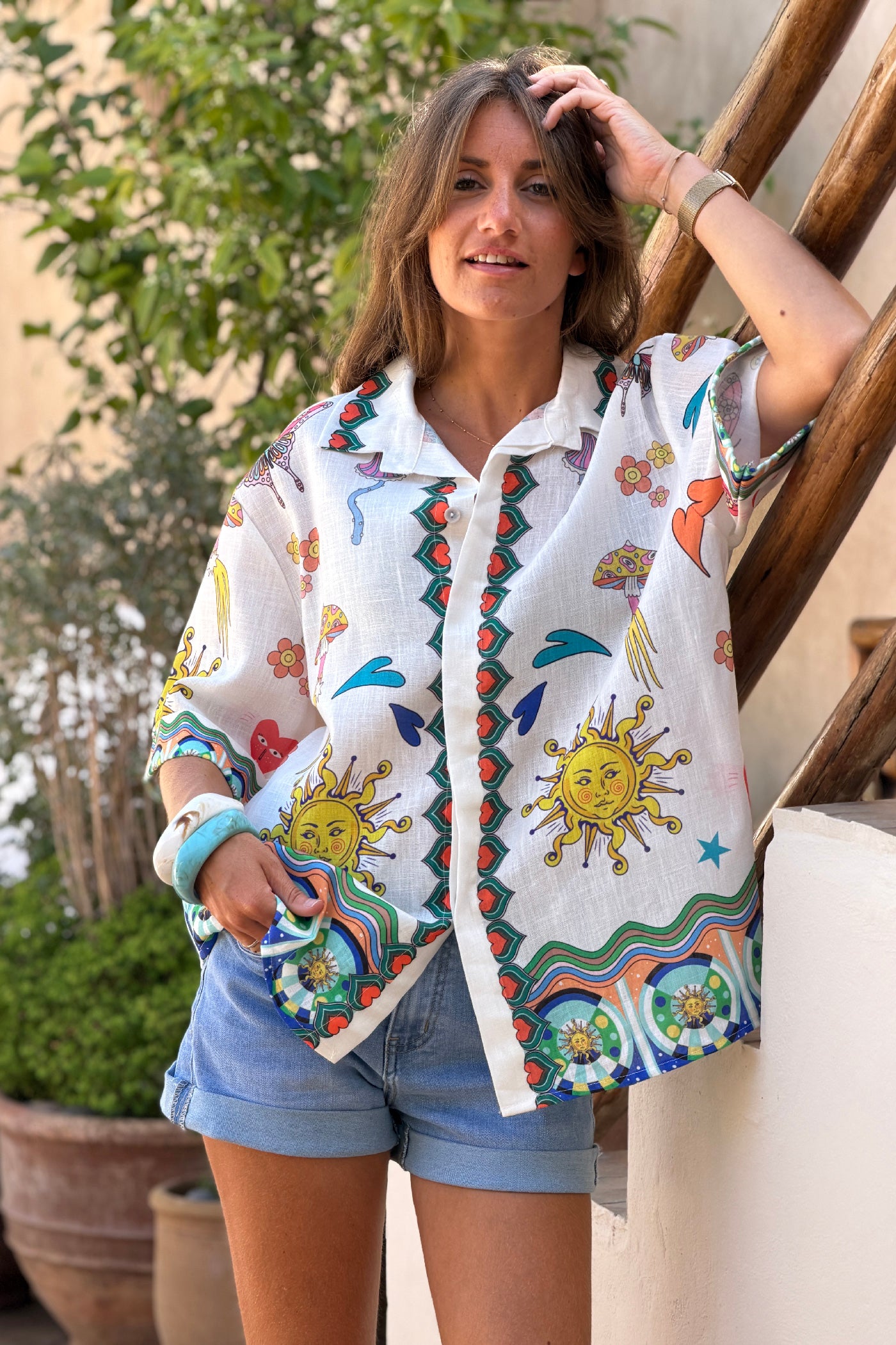 White Psychedelic Sun Button-Down Blouse