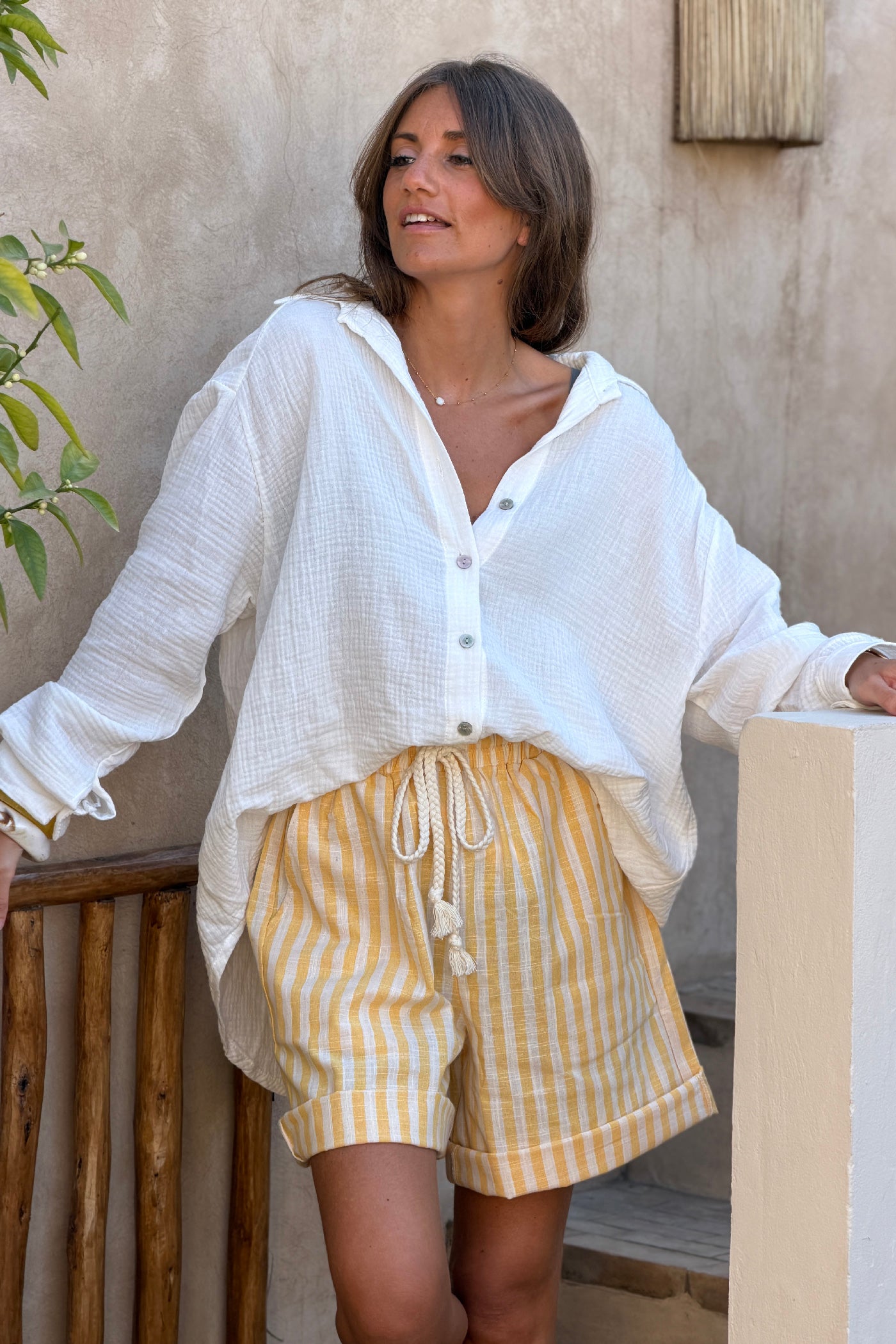 White “Limoncello” Cotton Gauze Button-Down Top