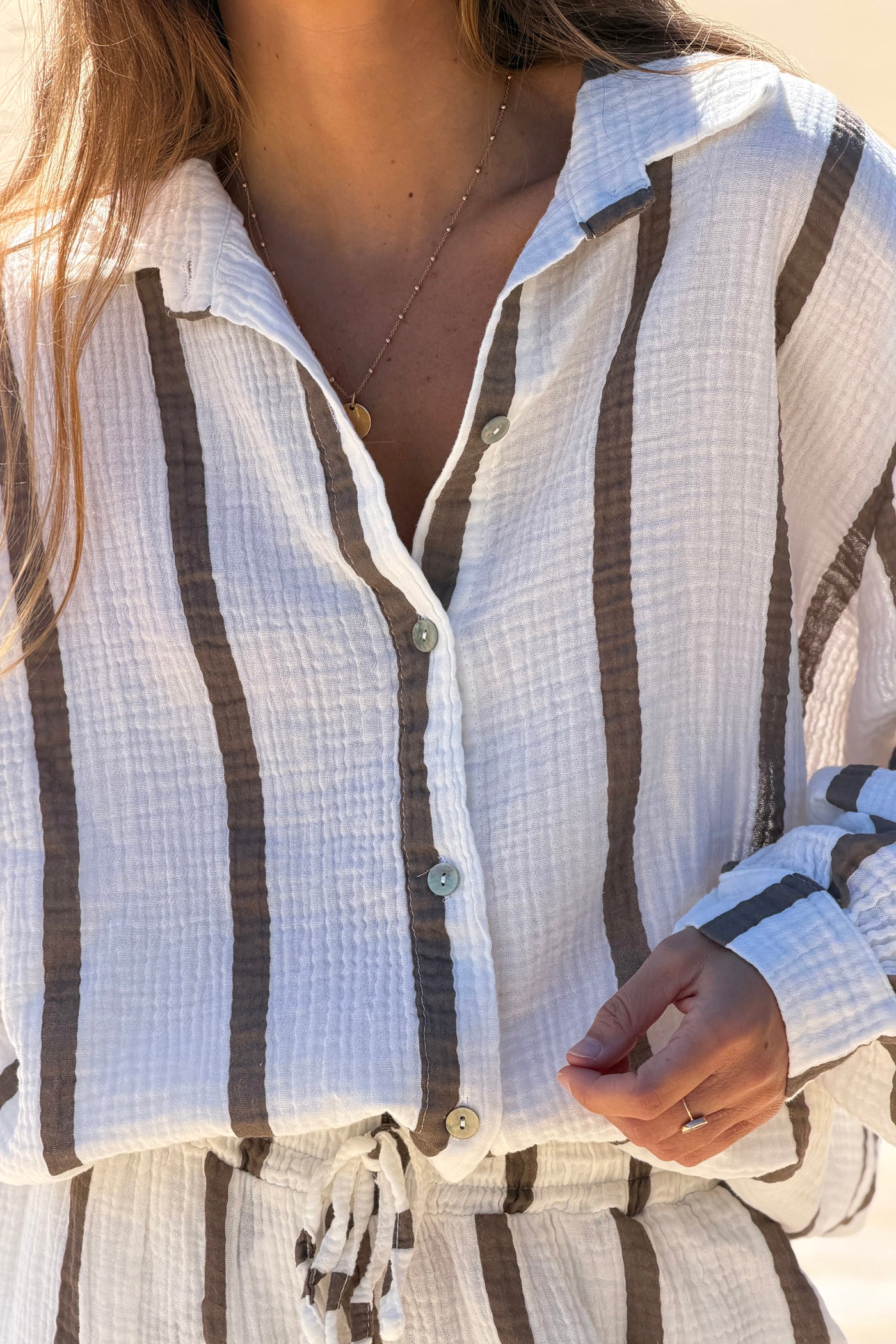 Cafe Brown Stripe Gauze Button-Down Shirt