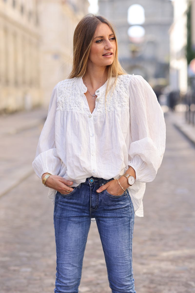 Chemise blanche legere col smocke relief effet froisse h248 (1)