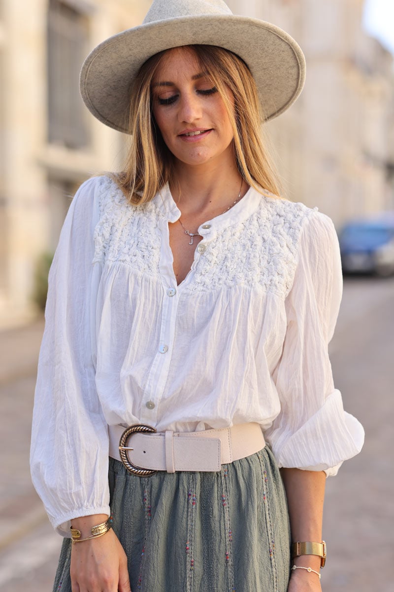 Chemise blanche legere col smocke relief effet froisse h248 (1)