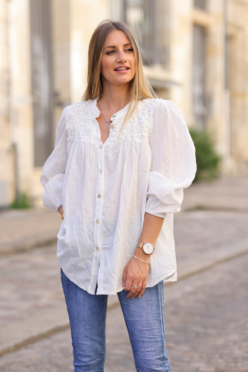 Chemise blanche legere col smocke relief effet froisse h248 (1)