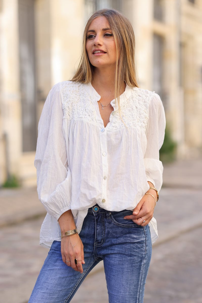 Chemise blanche legere col smocke relief effet froisse h248 (1)