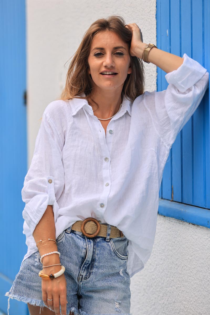 Chemise blanche en lin boutons nacres