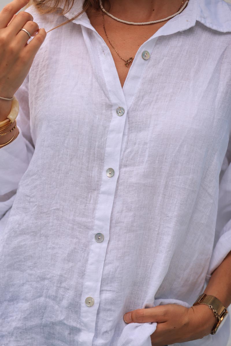 Chemise blanche en lin boutons nacres