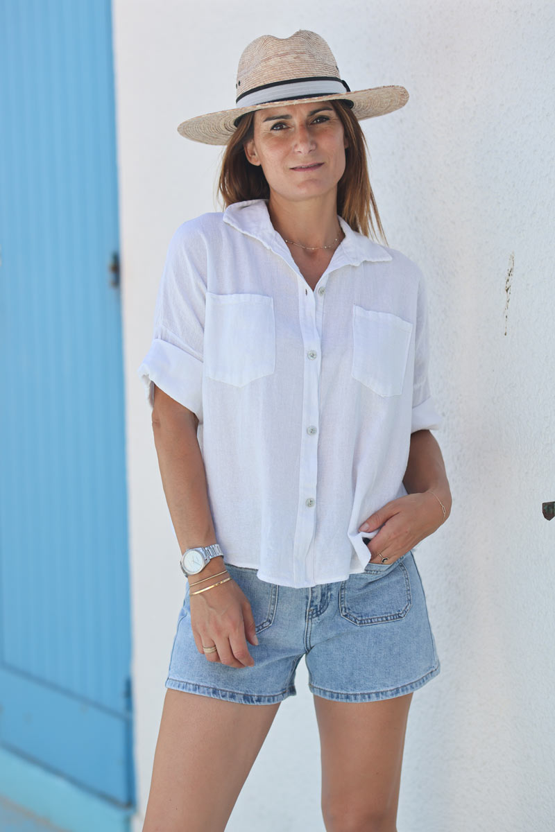 Chemise blanche souple en coton manches 3/4 et grandes poches