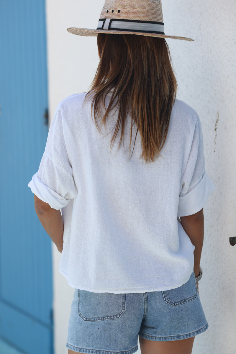 Chemise blanche souple en coton manches 3/4 et grandes poches