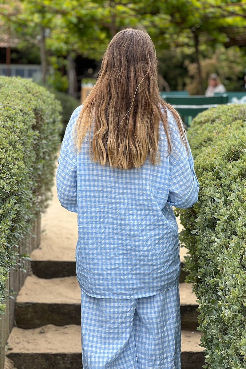 Chemise bleu ciel large manches 3/4 imprimé vichy