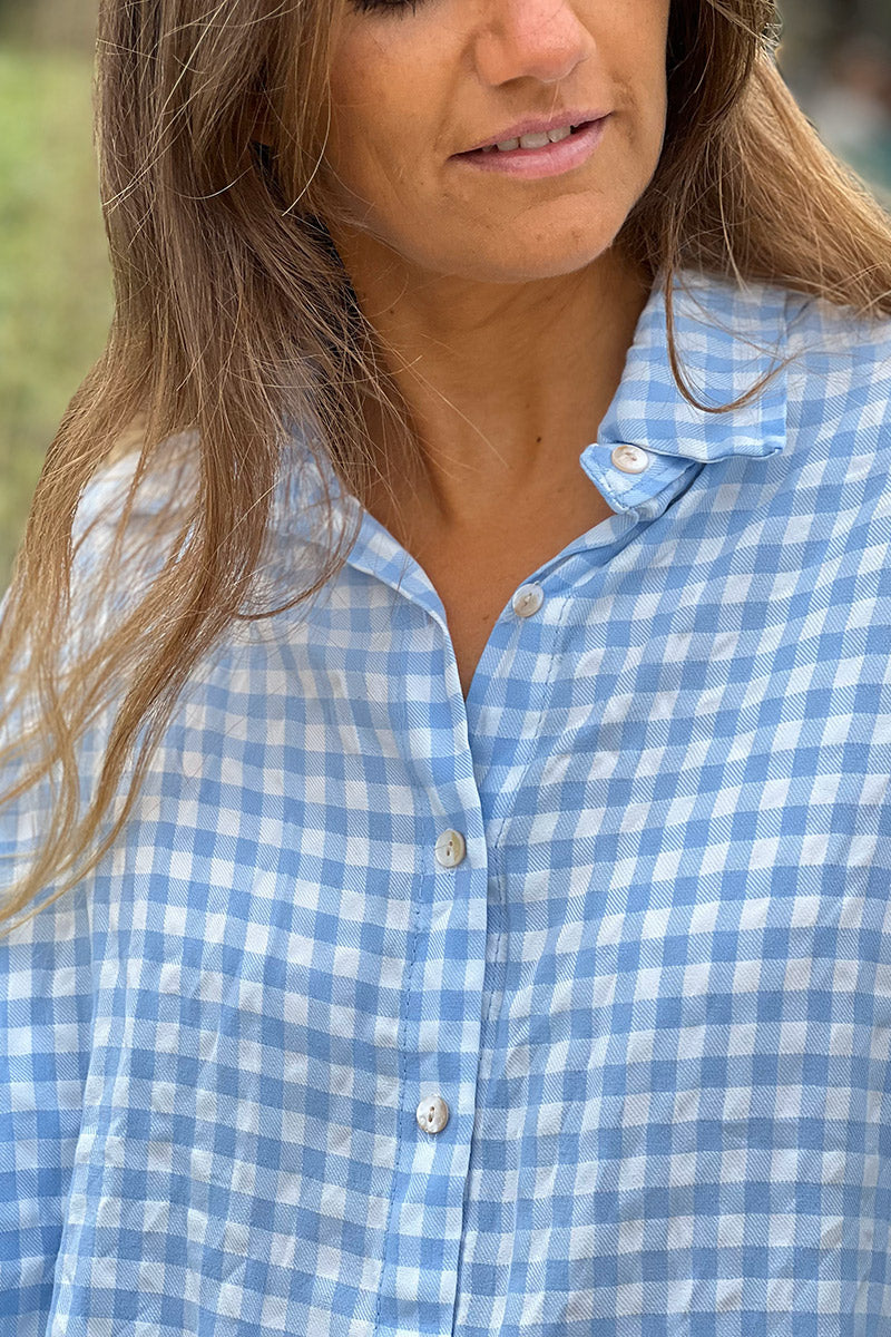 Chemise bleu ciel large manches 3/4 imprimé vichy