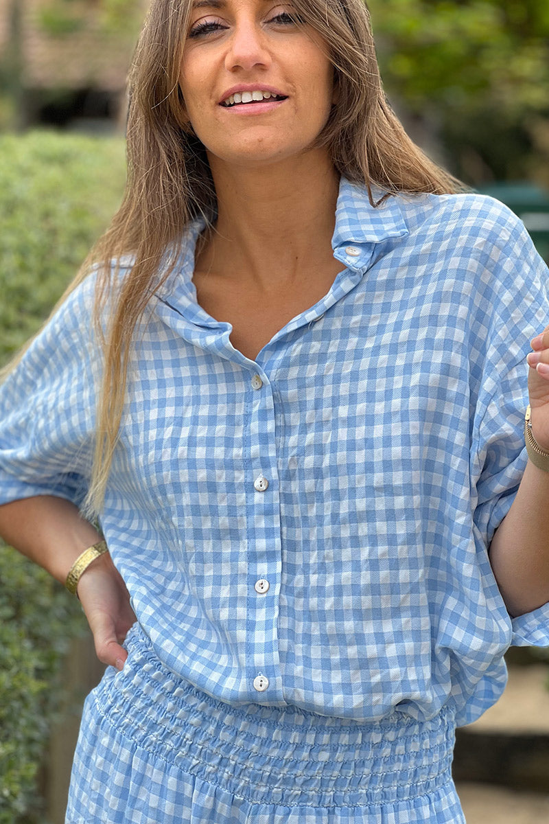 Chemise bleu ciel large manches 3/4 imprimé vichy