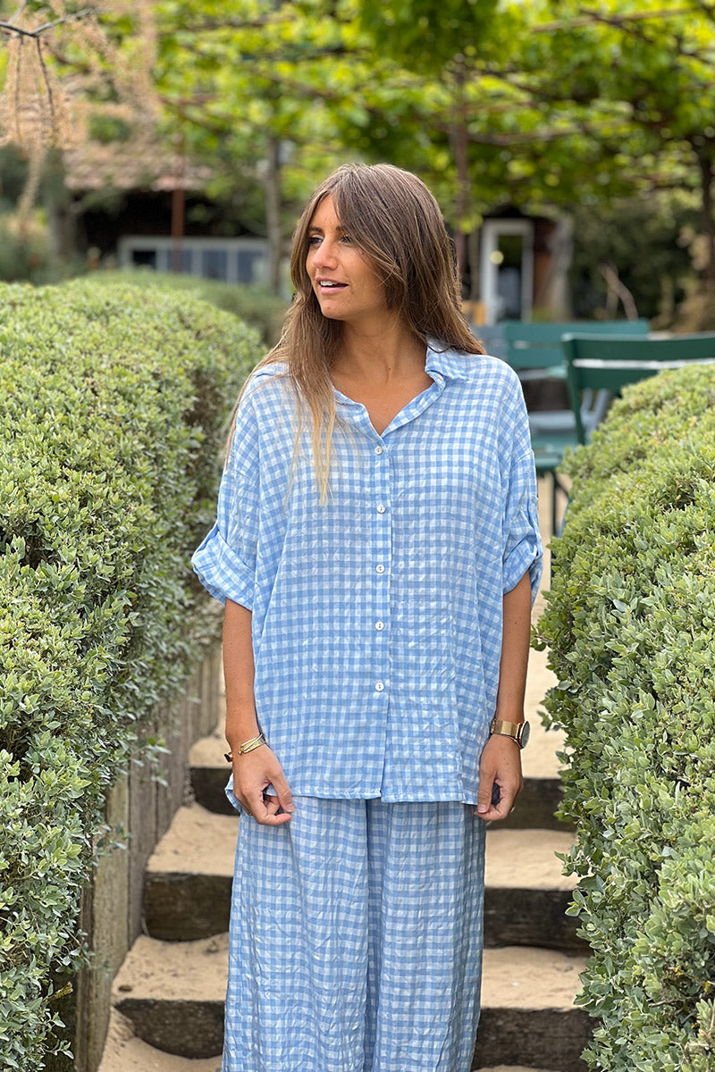 Chemise bleu ciel large manches 3/4 imprimé vichy