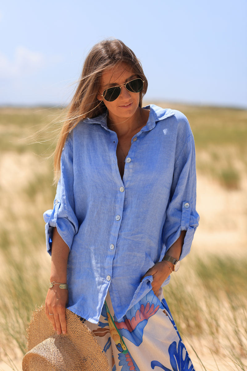 Chemise bleu ciel en lin boutons nacrés