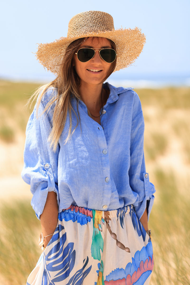 Chemise bleu ciel en lin boutons nacrés