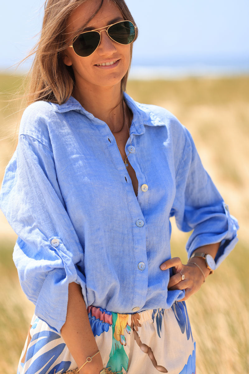 Chemise bleu ciel en lin boutons nacrés