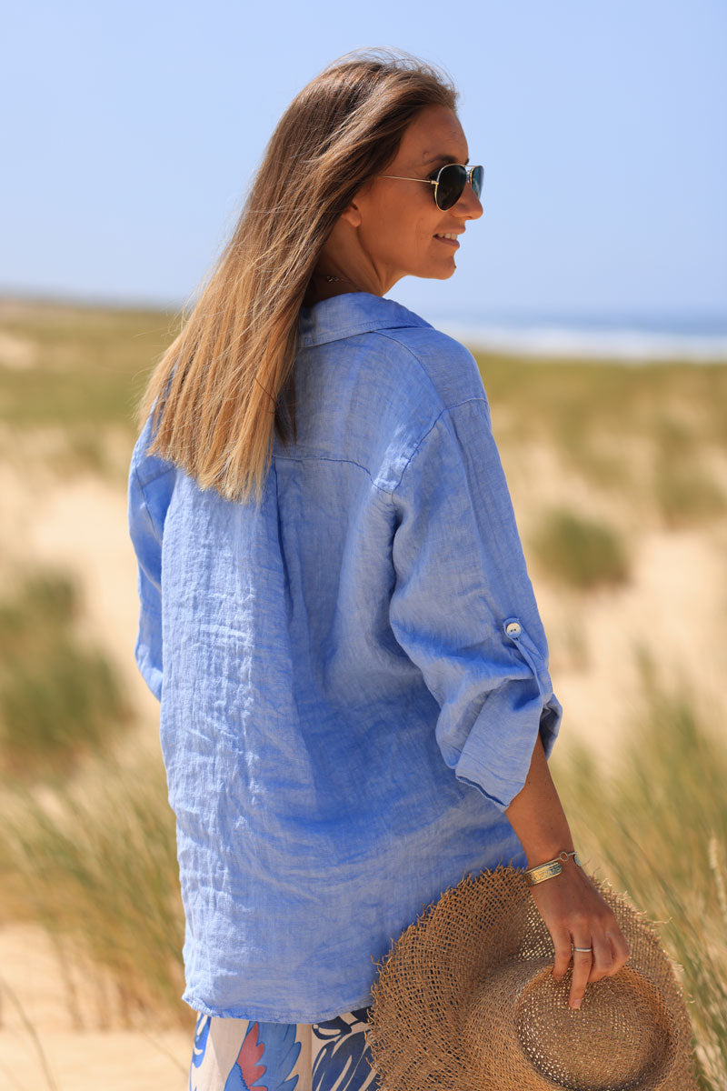 Chemise bleu ciel en lin boutons nacrés