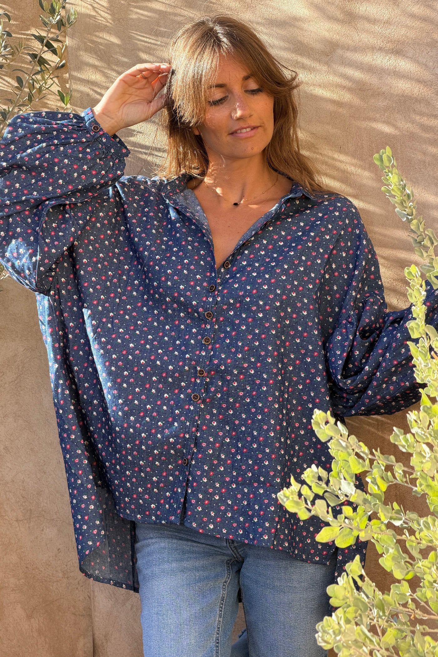 Denim Cottage Floral Romantic Blouse