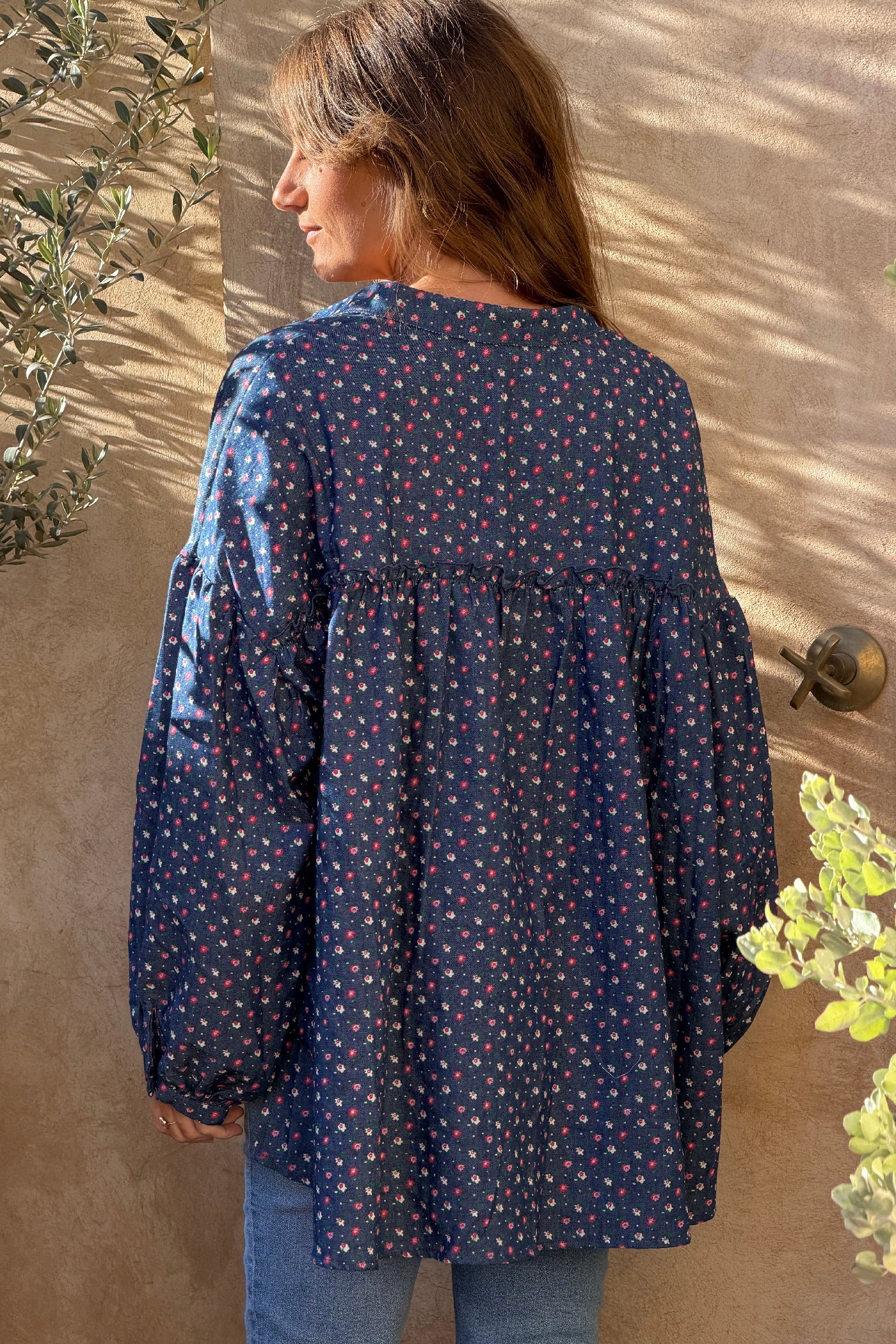 Denim Cottage Floral Romantic Blouse