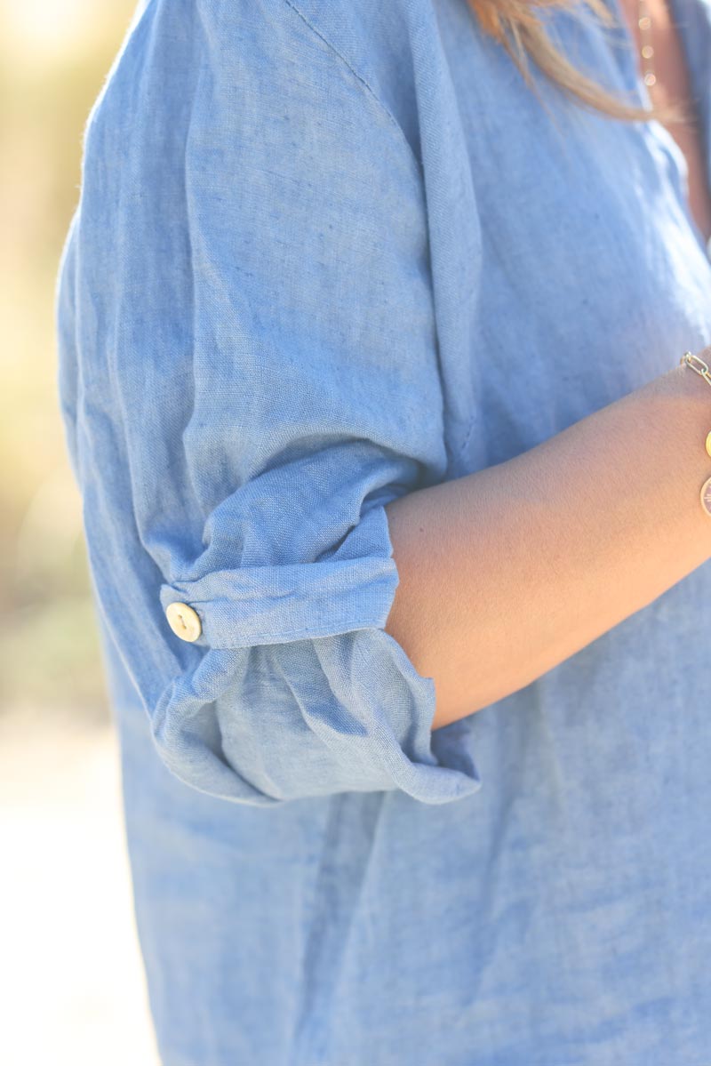 Chemise bleu jean en lin boutons nacres g211 (1)