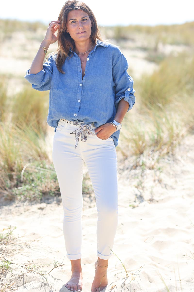 Chemise bleu jean en lin boutons nacres g211 (1)
