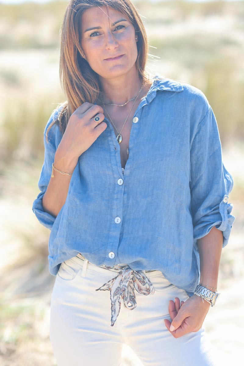 Chemise bleu jean en lin boutons nacres g211 (1)