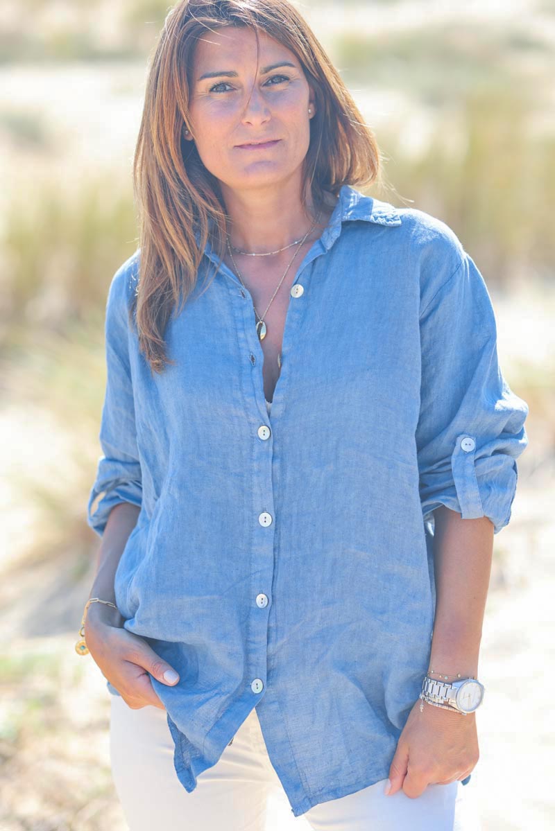 Chemise bleu jean en lin boutons nacres g211 (1)