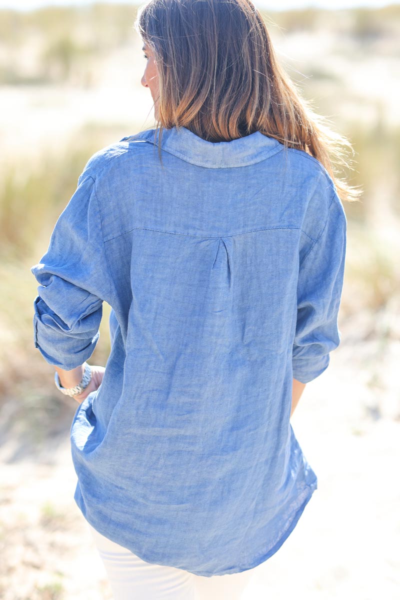 Chemise bleu jean en lin boutons nacres g211 (1)