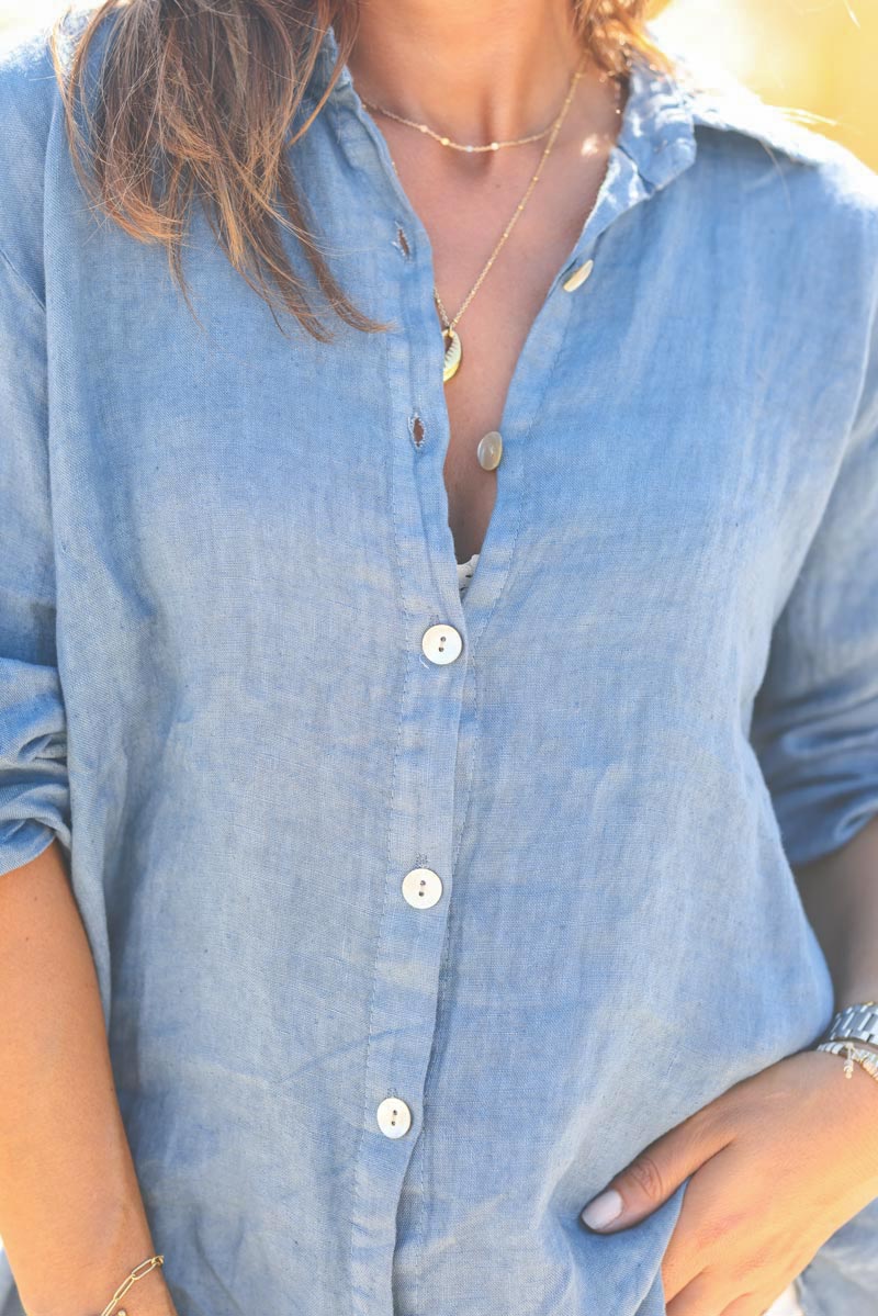 Chemise bleu jean en lin boutons nacres g211 (1)