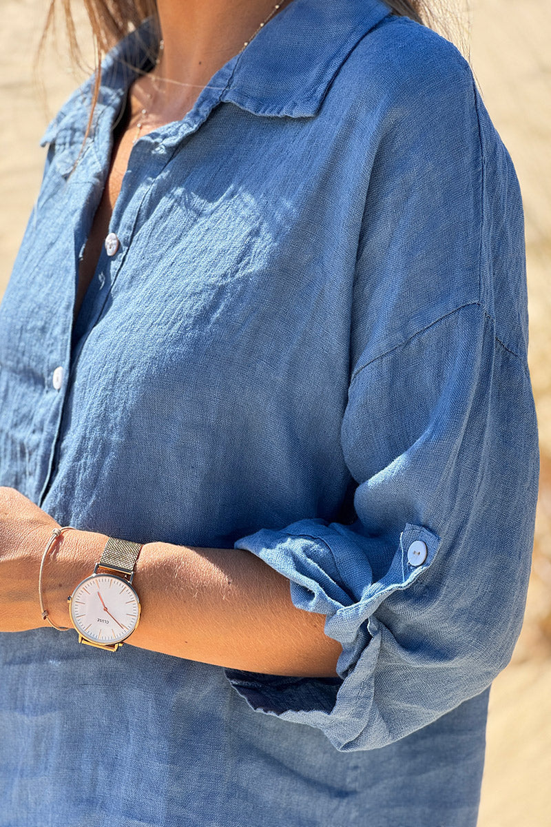 Blue Roll-Cuff Button-Down Blouse