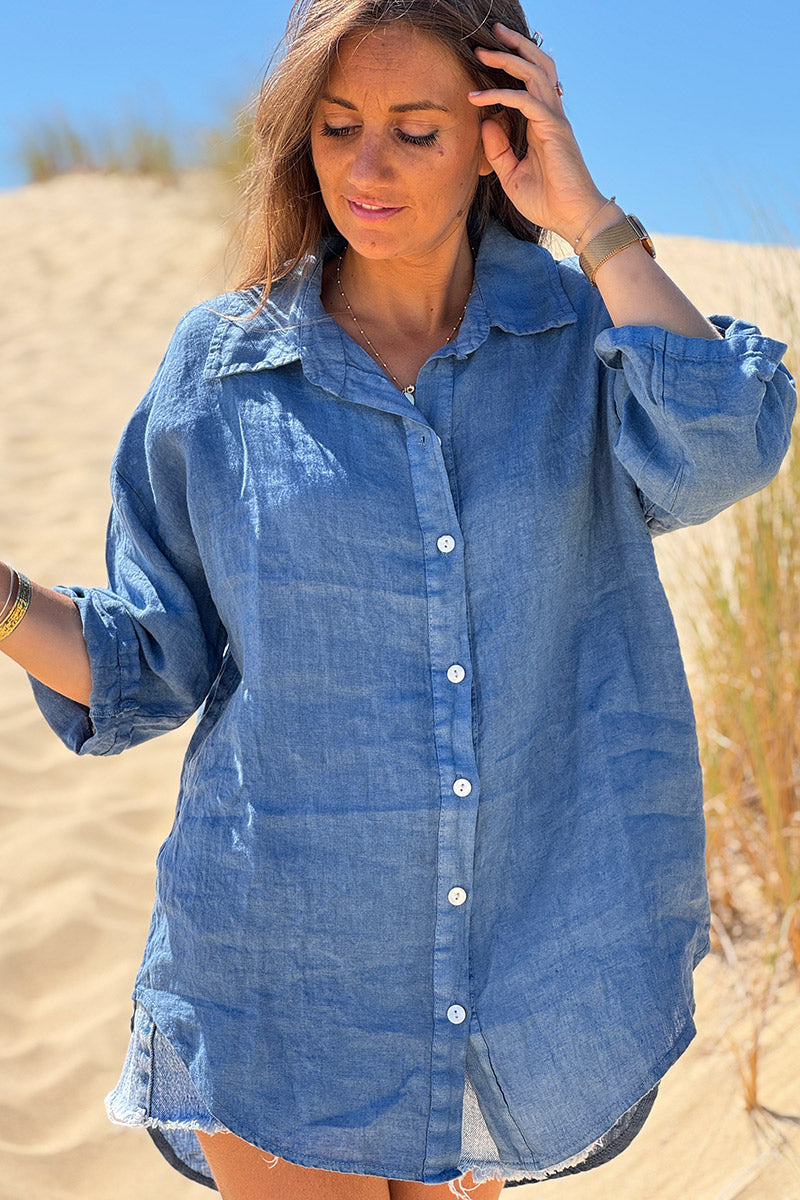 Blue Roll-Cuff Button-Down Blouse