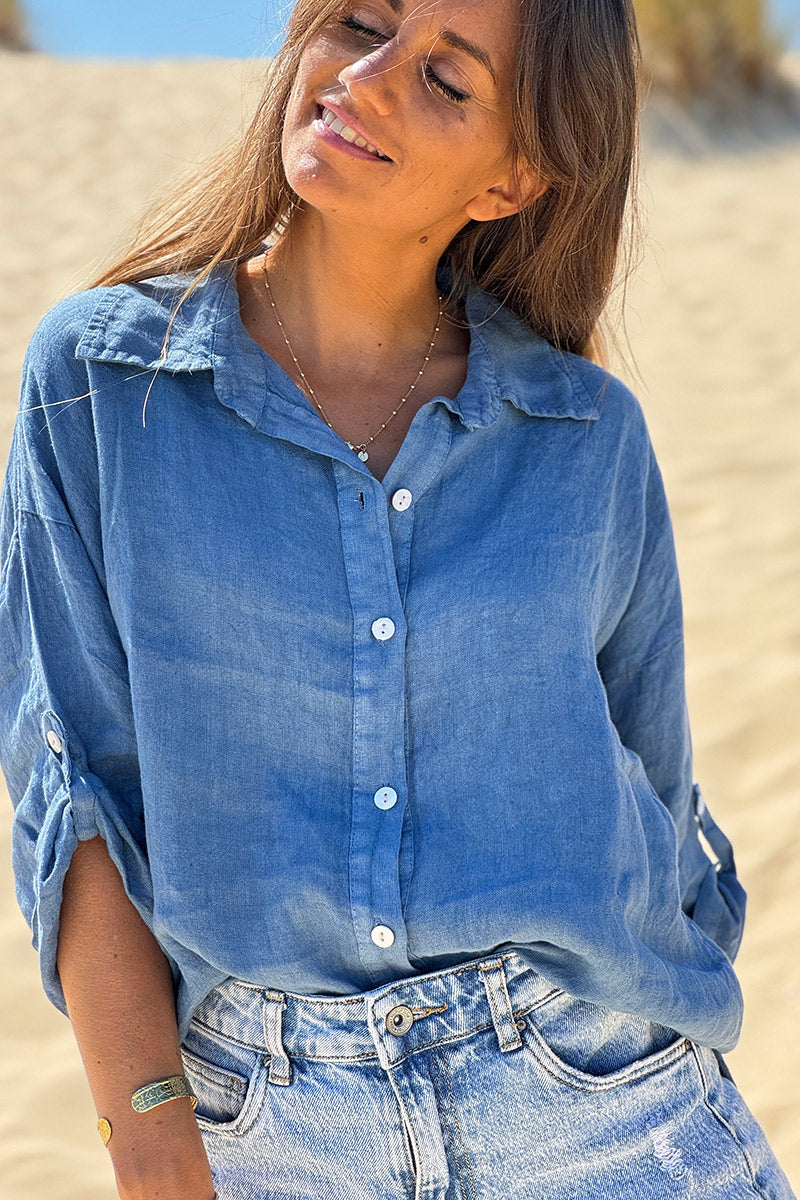 Blue Roll-Cuff Button-Down Blouse