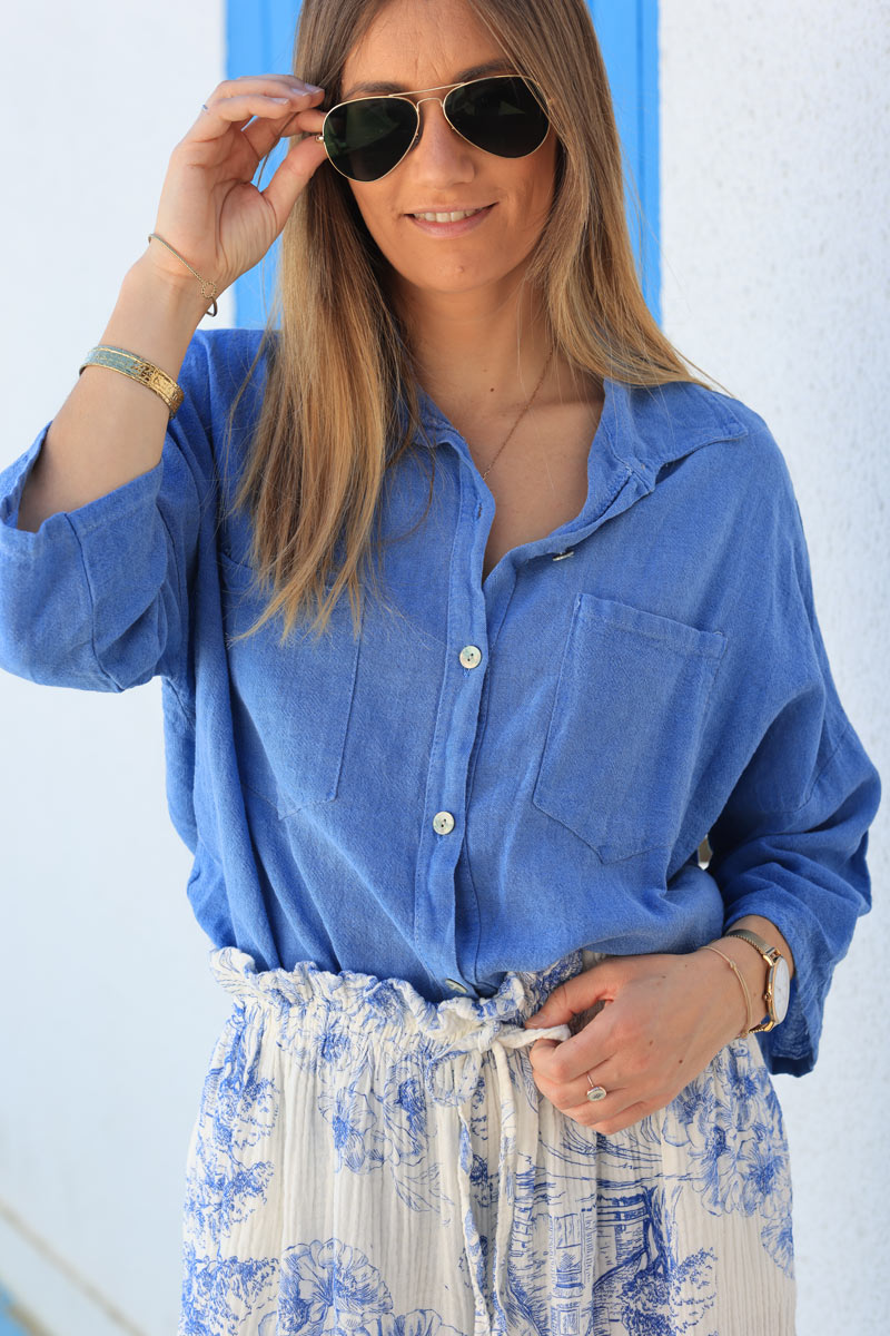 Royal blue soft cotton blouse with 3/4 sleeves and large pockets