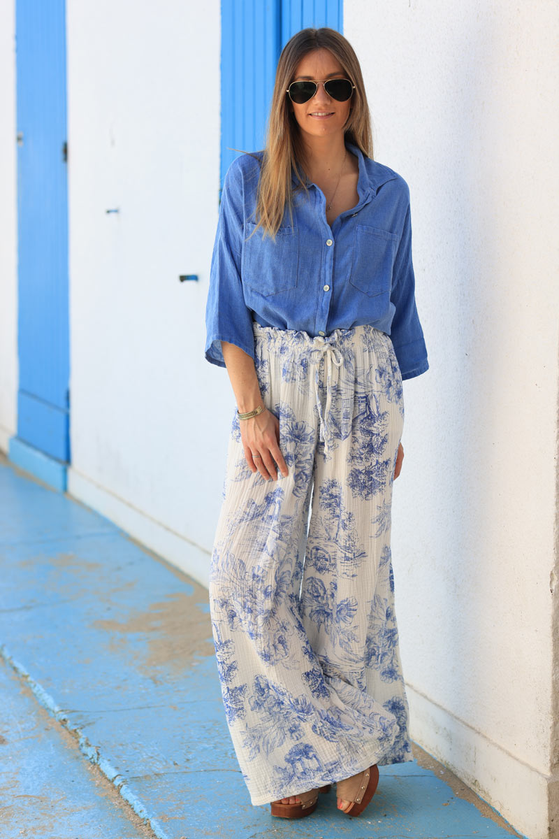 Royal blue soft cotton blouse with 3/4 sleeves and large pockets