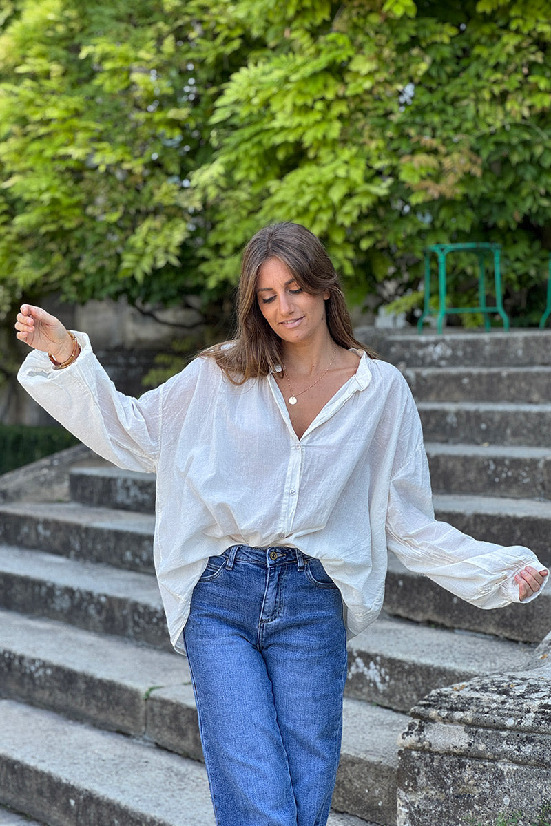 Cream Cotton Poplin Peasant Blouse