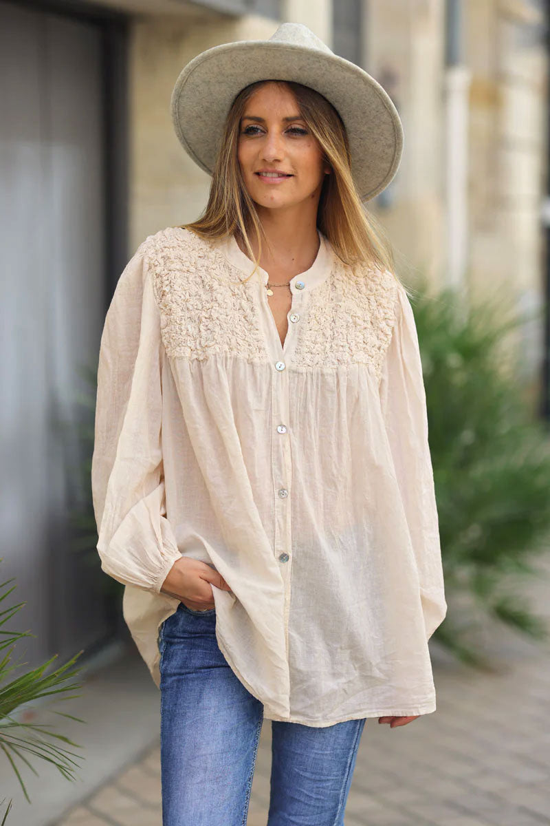 Chemise écru légère col smocké relief effet froissé