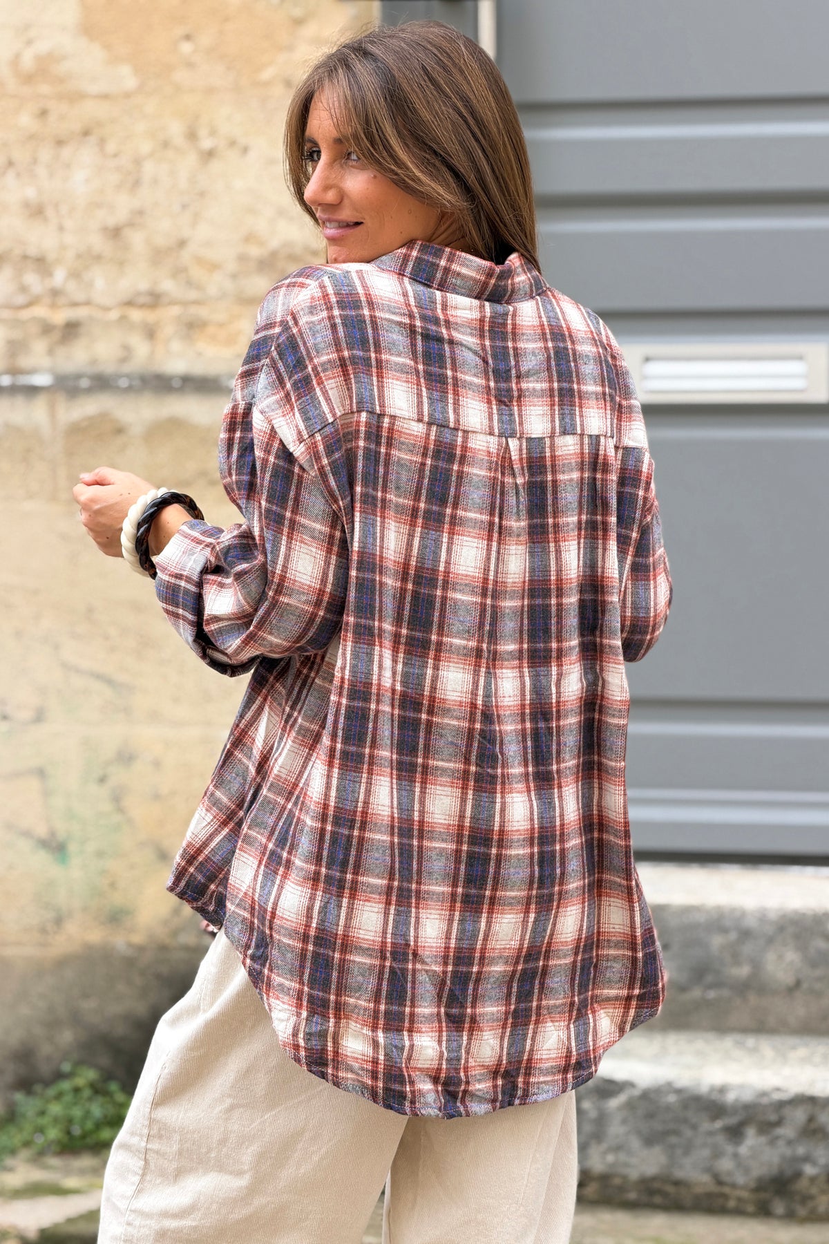 Blue and terracotta Country Plaid Button-Down Flannel