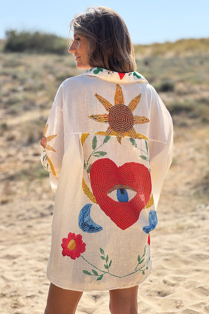 Cream Summer Icons Bead Embroidered Blouse