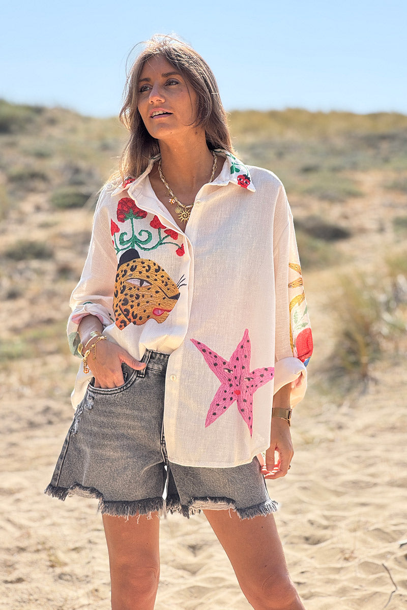 Cream Summer Icons Bead Embroidered Blouse