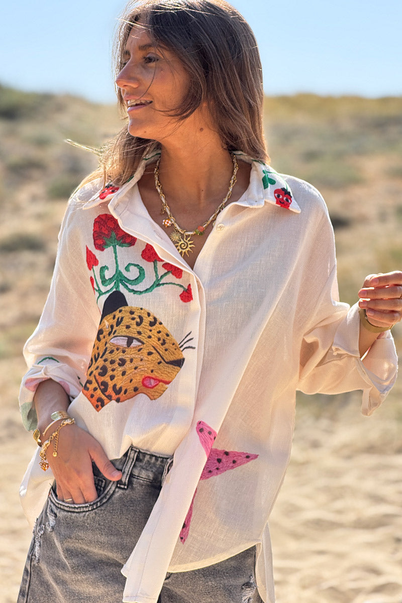 Cream Summer Icons Bead Embroidered Blouse