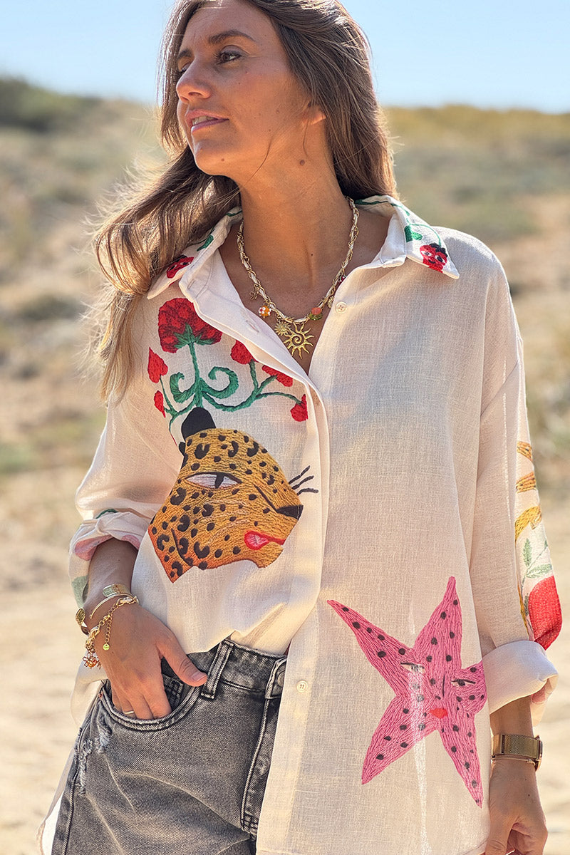 Cream Summer Icons Bead Embroidered Blouse