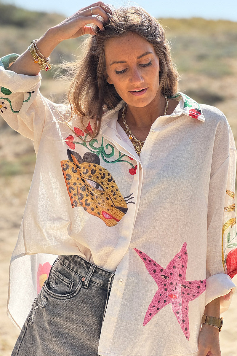 Cream Summer Icons Bead Embroidered Blouse