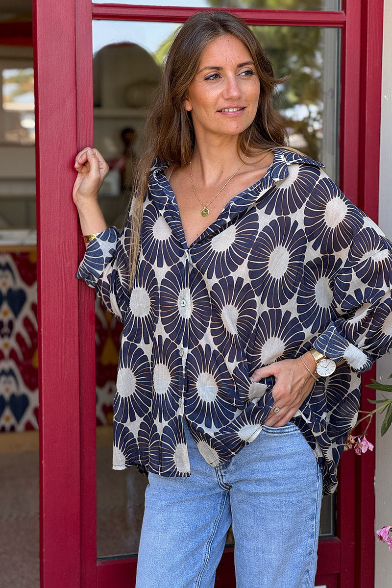 Navy Blue Fall Floral Button-Down Blouse
