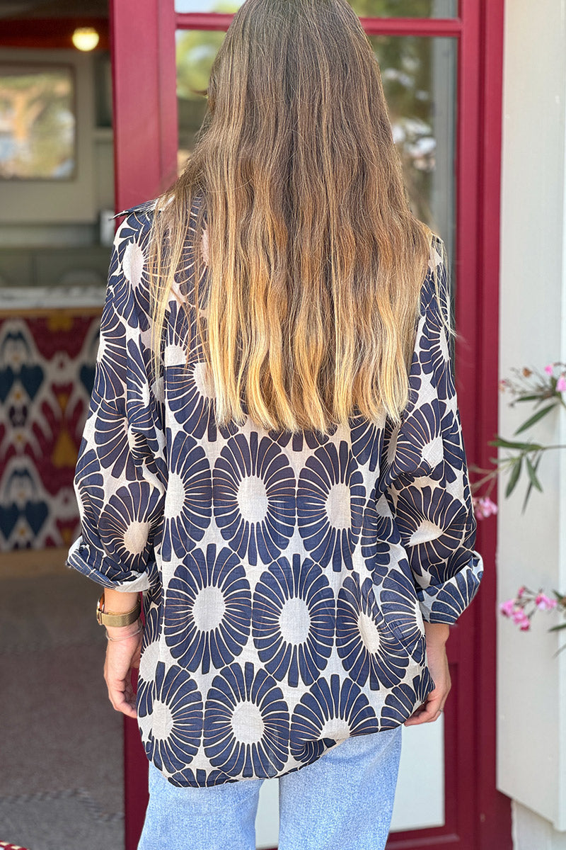 Navy Blue Fall Floral Button-Down Blouse