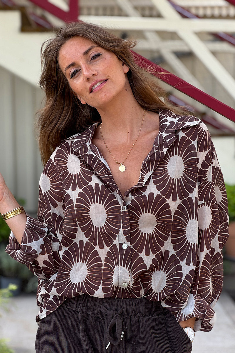 Chocolate Brown Fall Floral Button-Down Blouse