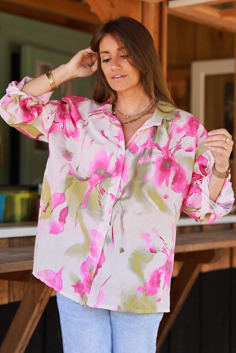 Chemise en coton coupe droite imprimé fleurs aquarelle fuchsia