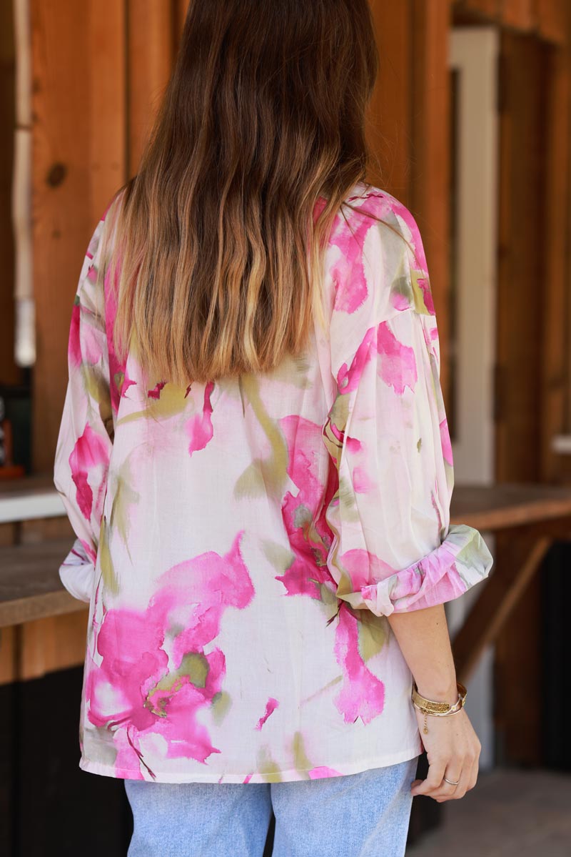 Chemise en coton coupe droite imprimé fleurs aquarelle fuchsia