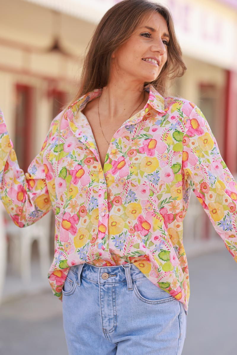 Chemise en coton imprimé fleurs colorées en aquarelle