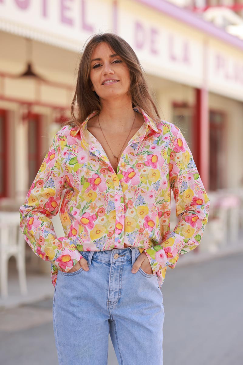 Chemise en coton imprimé fleurs colorées en aquarelle