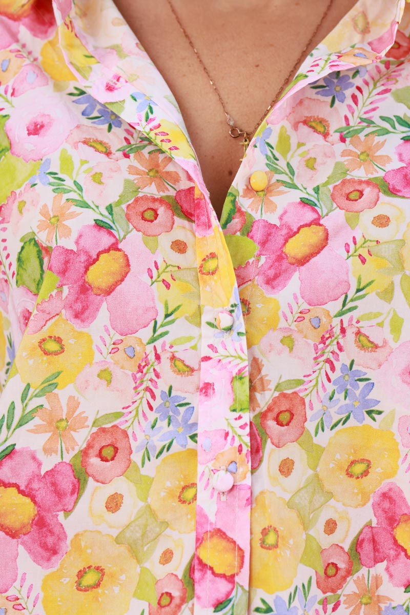 Chemise en coton imprimé fleurs colorées en aquarelle