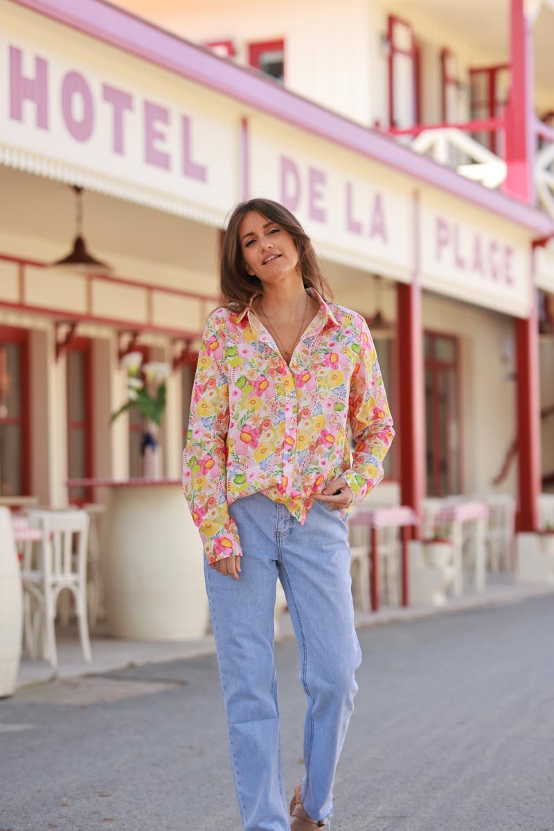 Chemise en coton imprimé fleurs colorées en aquarelle