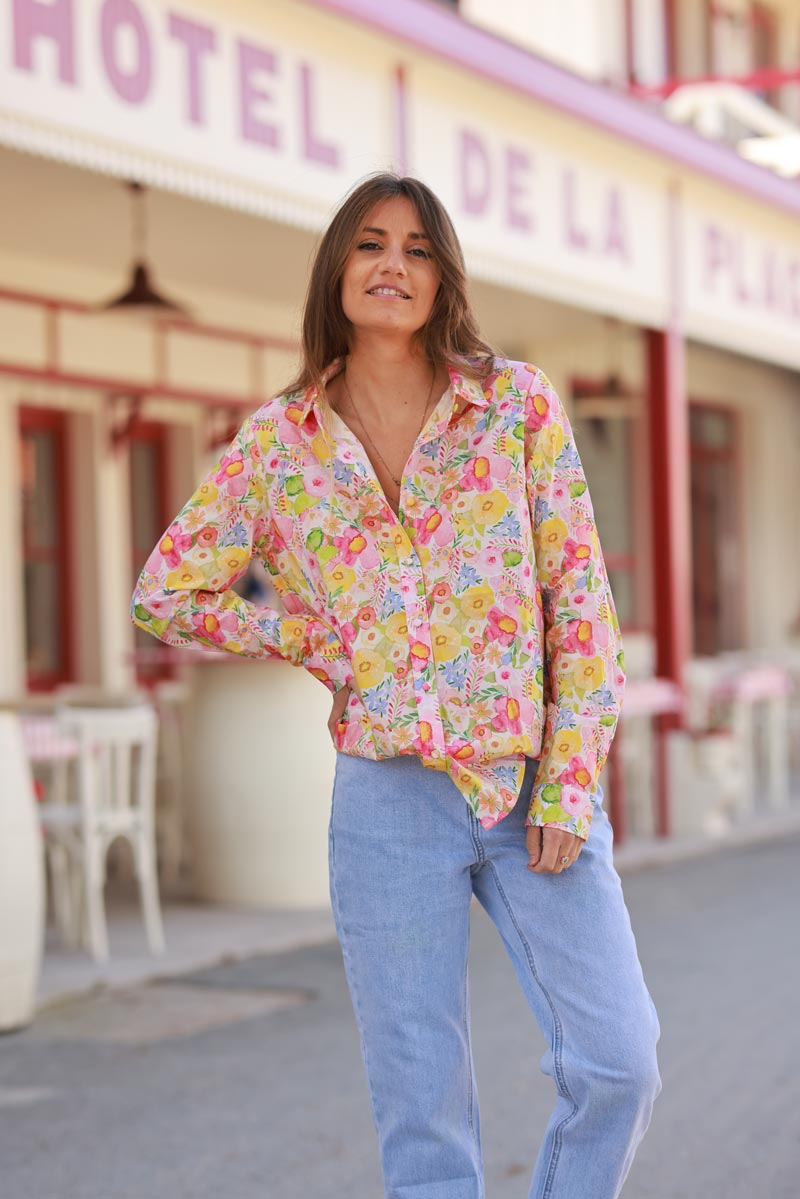 Chemise en coton imprimé fleurs colorées en aquarelle